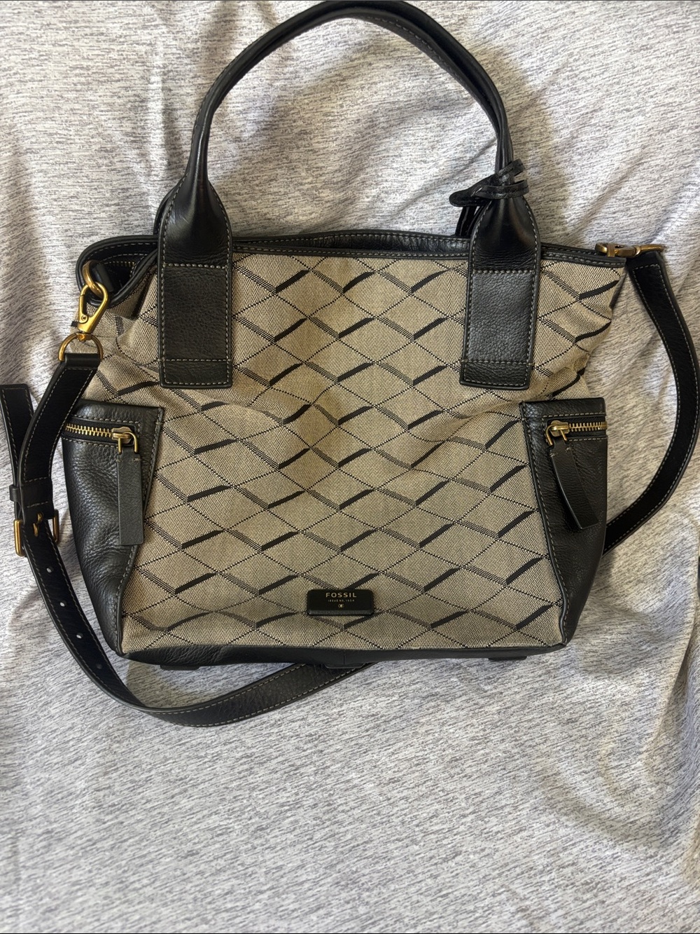 Fossil Black and Beige Emerson Tote